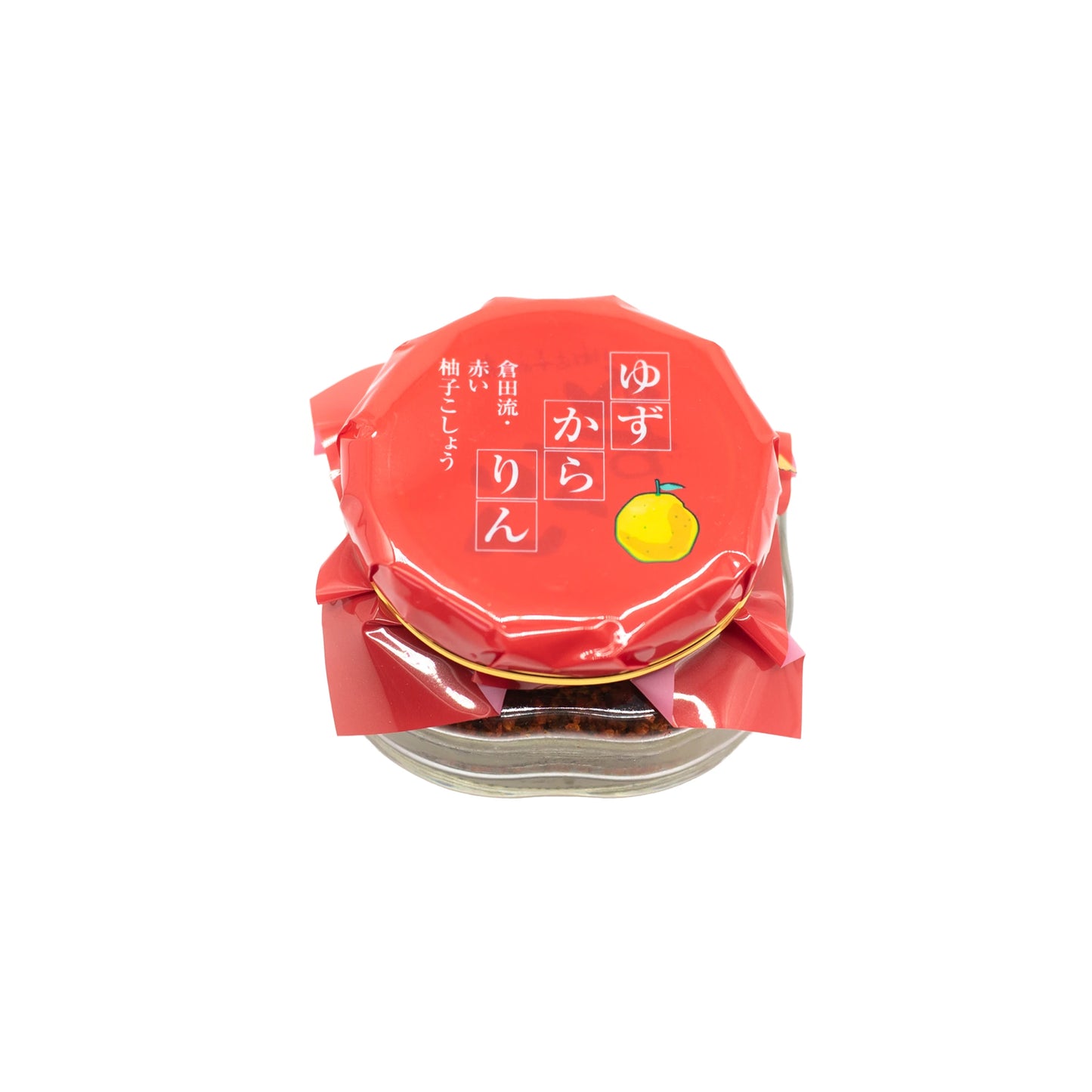 Yuzu Kararin, Yuzu Zest & Chilli Mix (35g) comes in a glass jar with a red lid and Japanese label featuring a yellow yuzu zest illustration—an iconic Japanese condiment photographed on a white background.