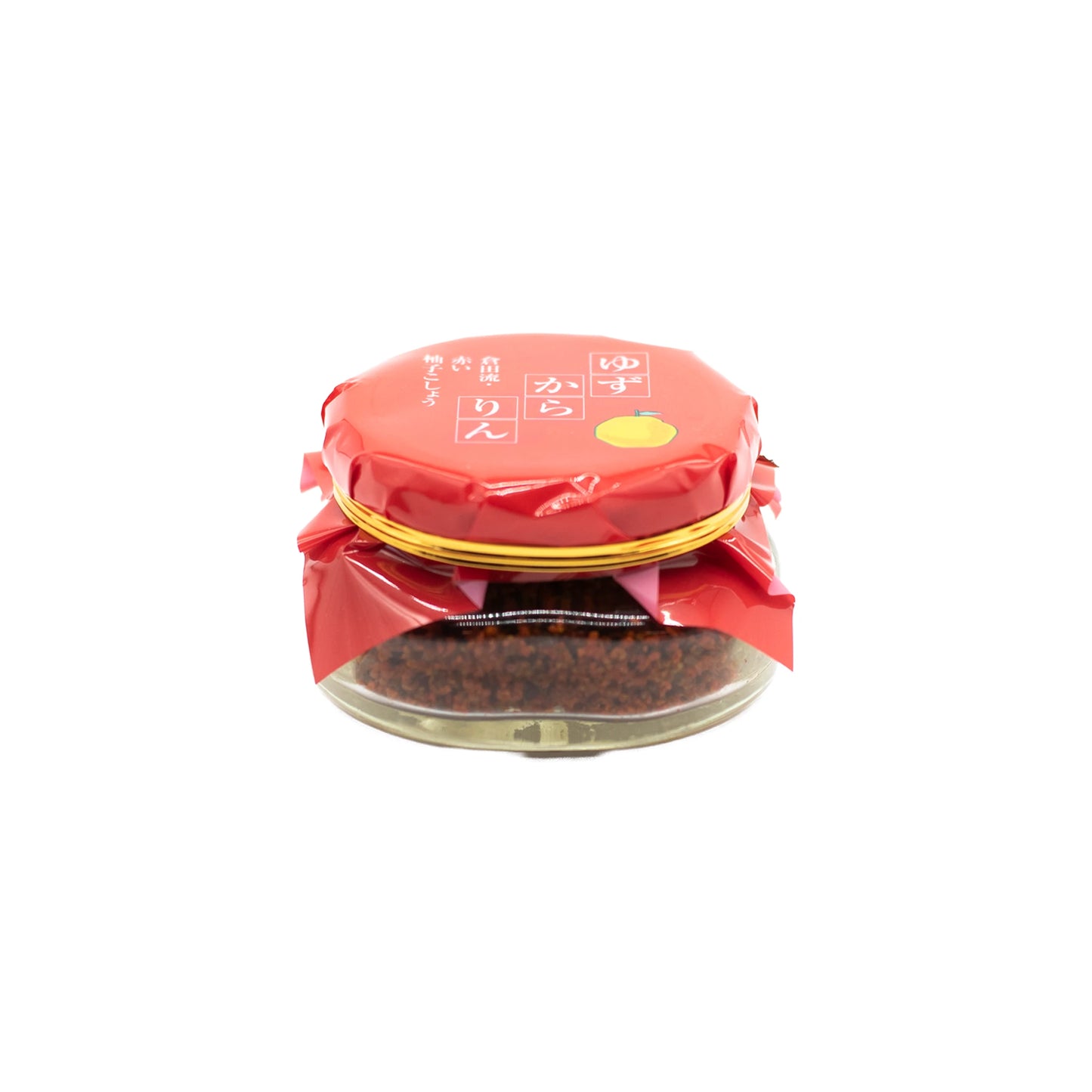 Yuzu Kararin, Yuzu Zest & Chilli Mix (35g) comes in a glass jar with a red lid and red label featuring Japanese text and a yellow circle, containing a granular Japanese condiment with yuzu zest and red chilli.
