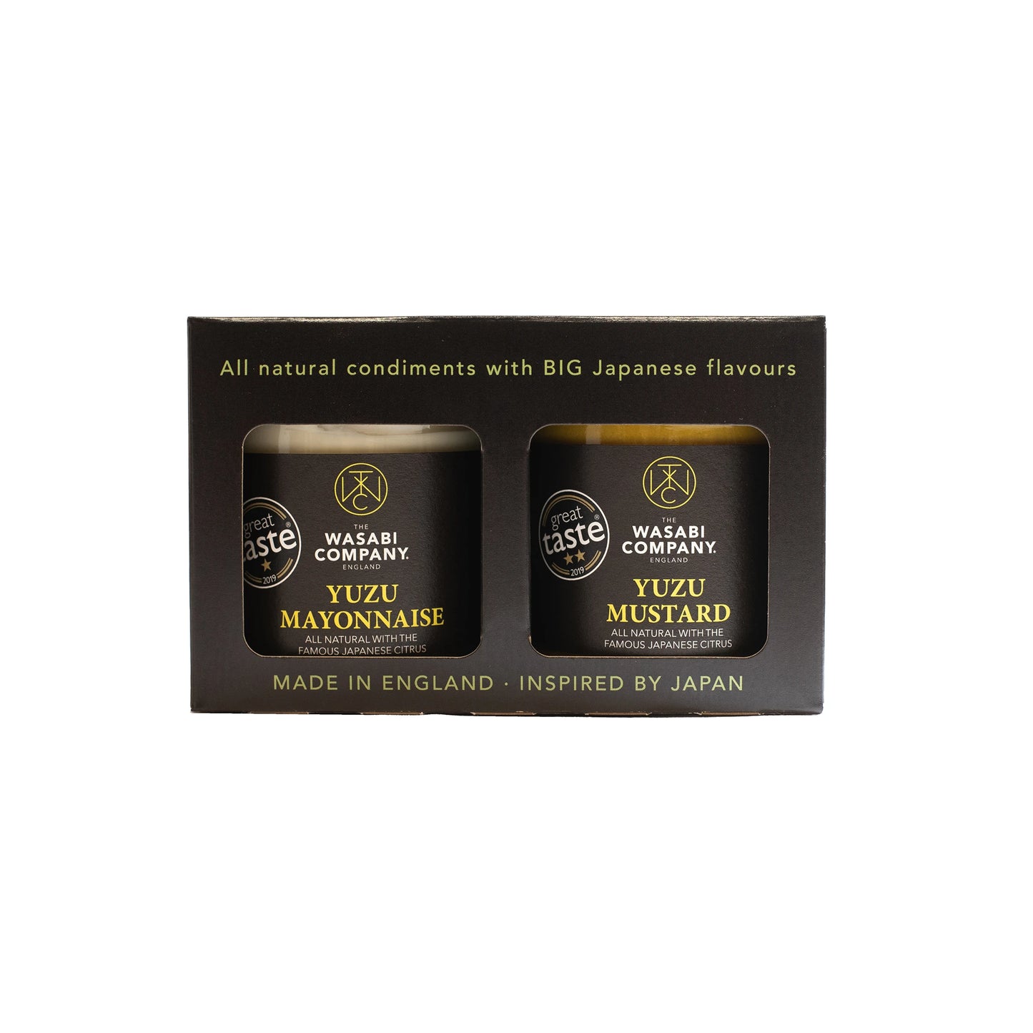 The Yuzu Mayonnaise & Yuzu Mustard Twin Pack comes in a black box and features two jars of condiments by The Wasabi Company, inspired by Japanese flavors.
