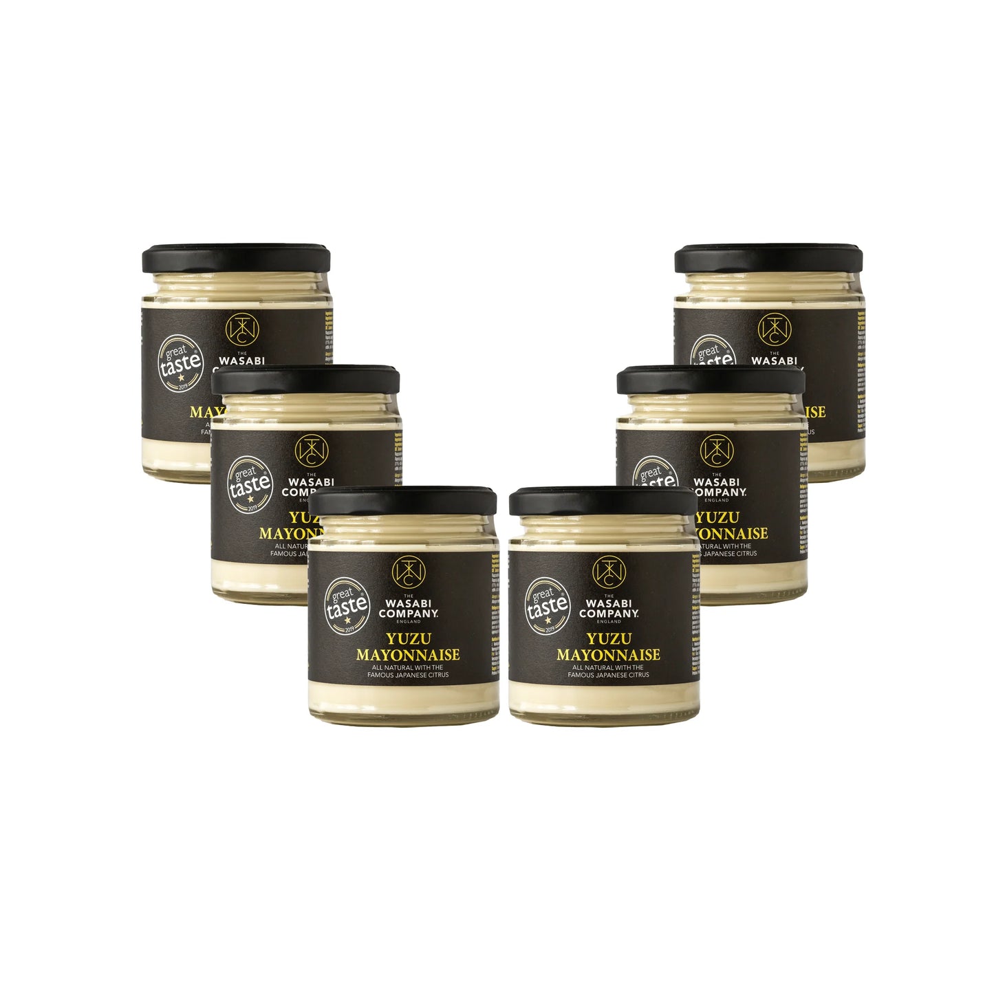 Six jars of Yuzu Mayonnaise - 175g are displayed in a V shape on a white background. Each jar has a black lid and an elegant black label with gold and white text, highlighting its citrusy flavor and all-natural mayonnaise base.