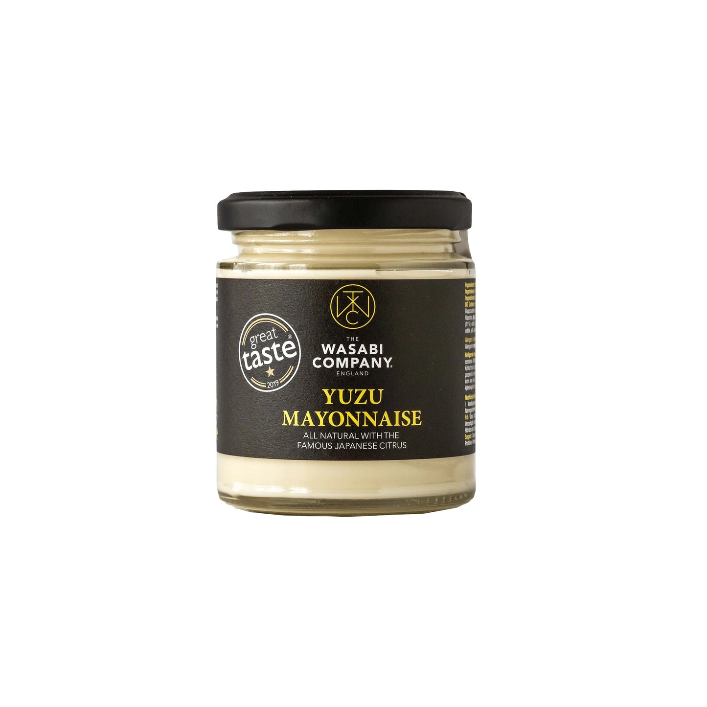 A 175g glass jar of Yuzu Mayonnaise featuring a black lid, black label, and Great Taste award sticker—this all-natural mayo delivers vibrant citrusy yuzu flavor.