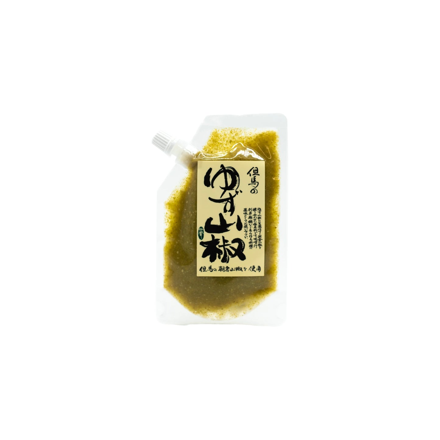 Yuzu Sansho Condiment - 90g comes in a clear plastic pouch with a white spout. This yellowish Japanese condiment features citrusy yuzu and subtle Asakura Sansho spice, highlighted by its Japanese-label design.