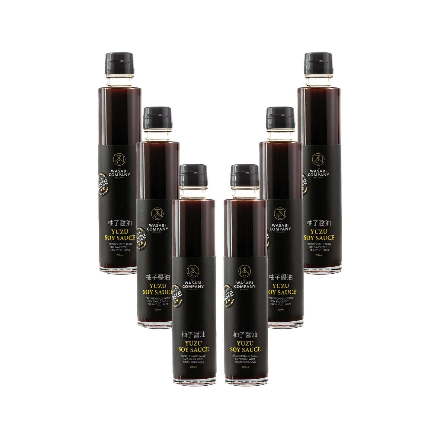 Six bottles of Yuzu Soy Sauce - 200ml are displayed upright in two rows against a white background.