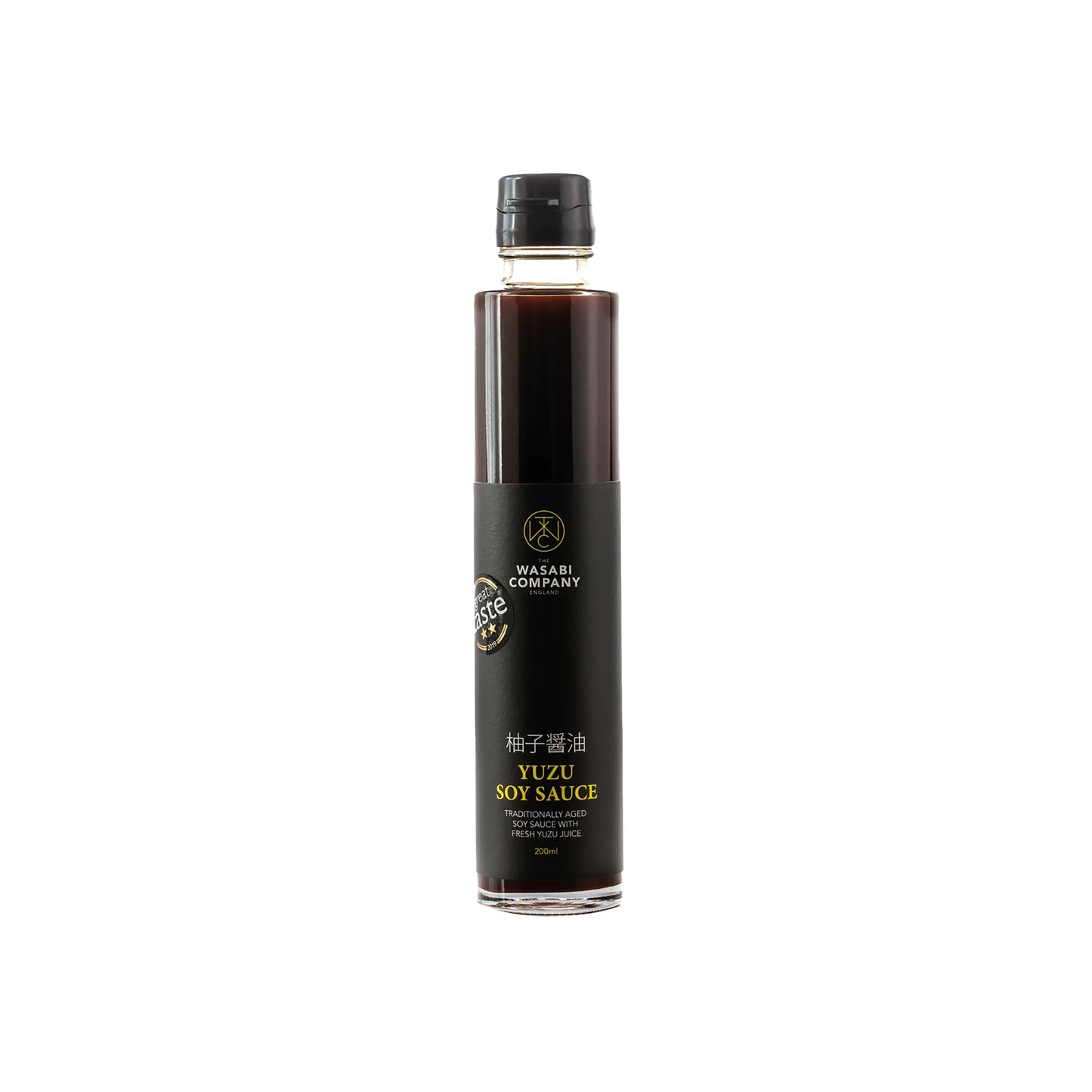 A 200ml glass bottle of Yuzu Soy Sauce, made with yuzu juice, featuring a black label with gold text and a black cap—a vibrant addition to Japanese cuisine.