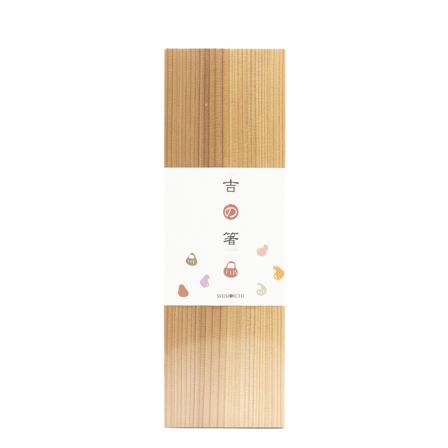 A rectangular wooden box with a white paper label featuring Japanese characters and colorful shapes, perfect for storing Kichi No Hashi Cedarwood Chopsticks - 30 pairs.