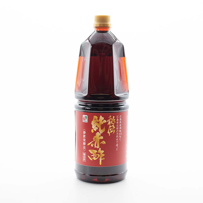 A 1.8L bottle of Akazu Sake Kasu Vinegar with a red label and gold Japanese text, containing dark vinegar—ideal for adding rich umami flavor to sushi rice seasoning.
