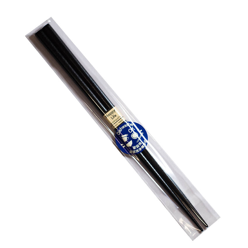 Chopsticks - Black: Sleek lacquer-finished chopsticks in a clear plastic sleeve with Japanese text labels, crafted in the Zumi workshop.