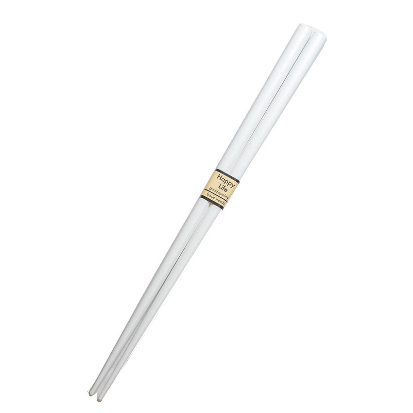 The Chopsticks - Mono White are a pair of white plastic chopsticks featuring a beige label at the top, inspired by traditional lacquerware craftsmanship from Fukui, Japan.