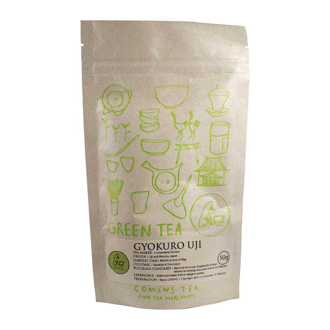 A kraft paper bag of Gyokuro Tea - 50g, decorated with green tea-themed illustrations and front product details, highlights the natural sweetness of this premium Japanese green tea.