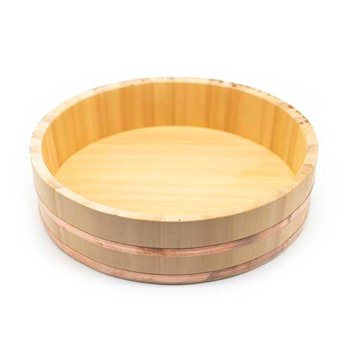 The Hangiri, a round and shallow rice bowl, features smooth sides with two copper bands near the base, crafted from Kiso Sawara Cypress wood and shown against a white background.