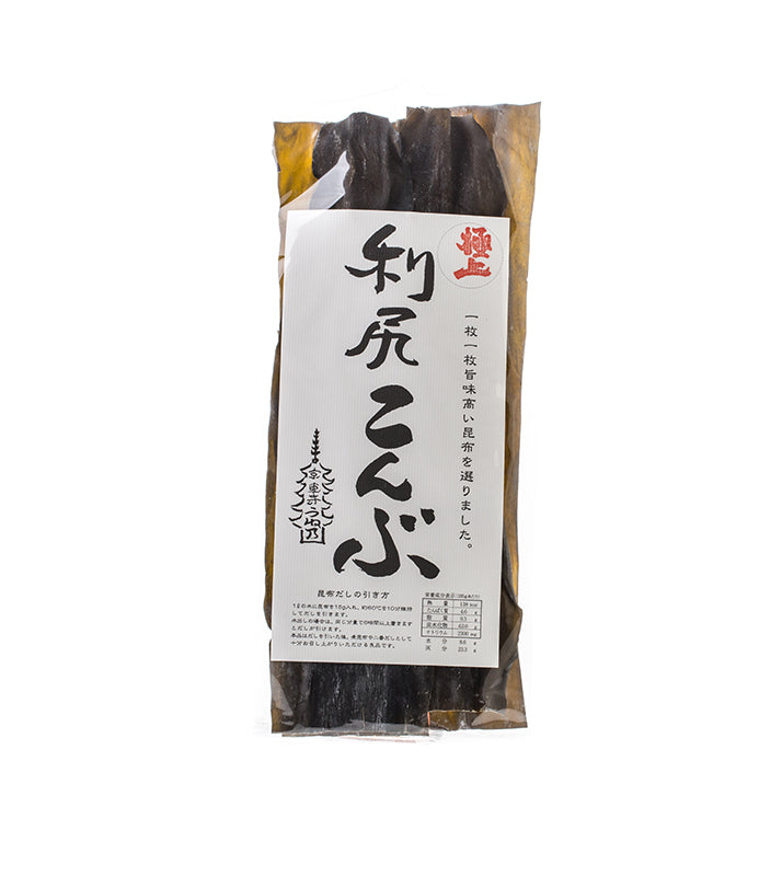 Rishiri Wild Kombu Seaweed comes in a clear plastic package with a white Japanese label, ideal for making rich, flavorful dashi stock.