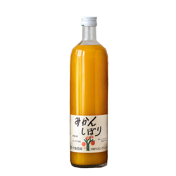 A clear glass bottle of Mikan Juice - 750ml from Wakayama, sealed with a white cap and a Japanese label displaying citrus fruit illustrations.