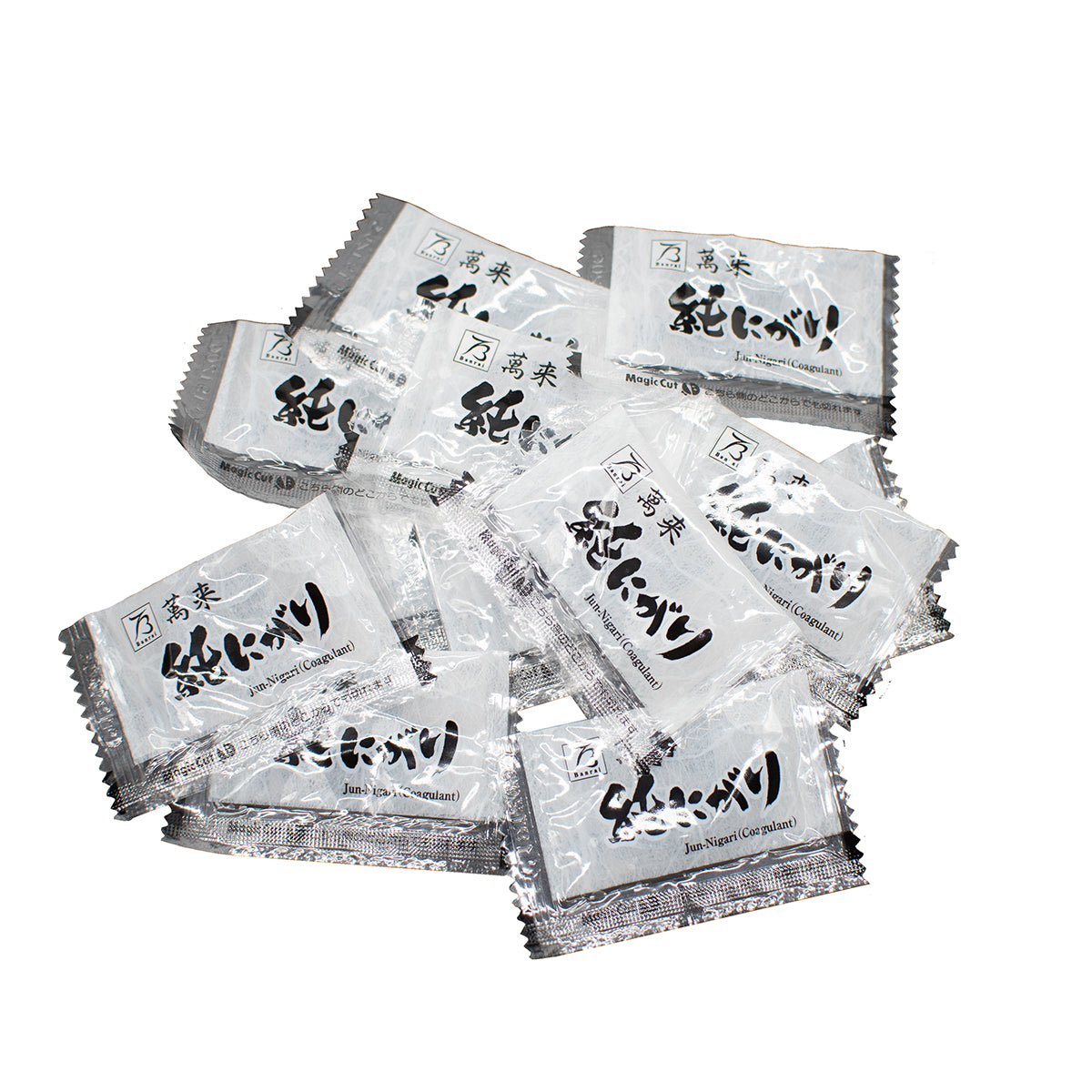 Individually wrapped Nigari sachets (5ml), a traditional coagulant for making homemade tofu, packaged in clear plastic with black and white text—perfect for recreating authentic tofu just like with Jun-Nigari.
