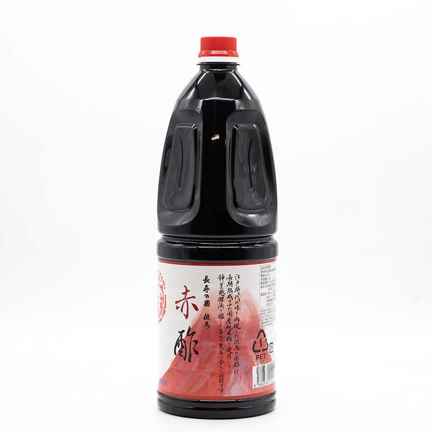Akasu Red Rice Vinegar - 1.8L comes in a large plastic bottle with a red cap and a white label featuring Japanese text and red design, containing dark, umami-rich vinegar.