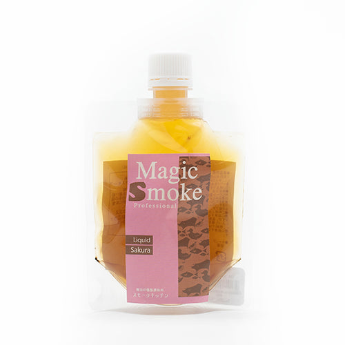 A transparent pouch labeled Sakura Cherry Tree Liquid Smoke with a white cap and light amber liquid inside, offering an enticing aroma of smoked cherry and subtle cherry wood notes.