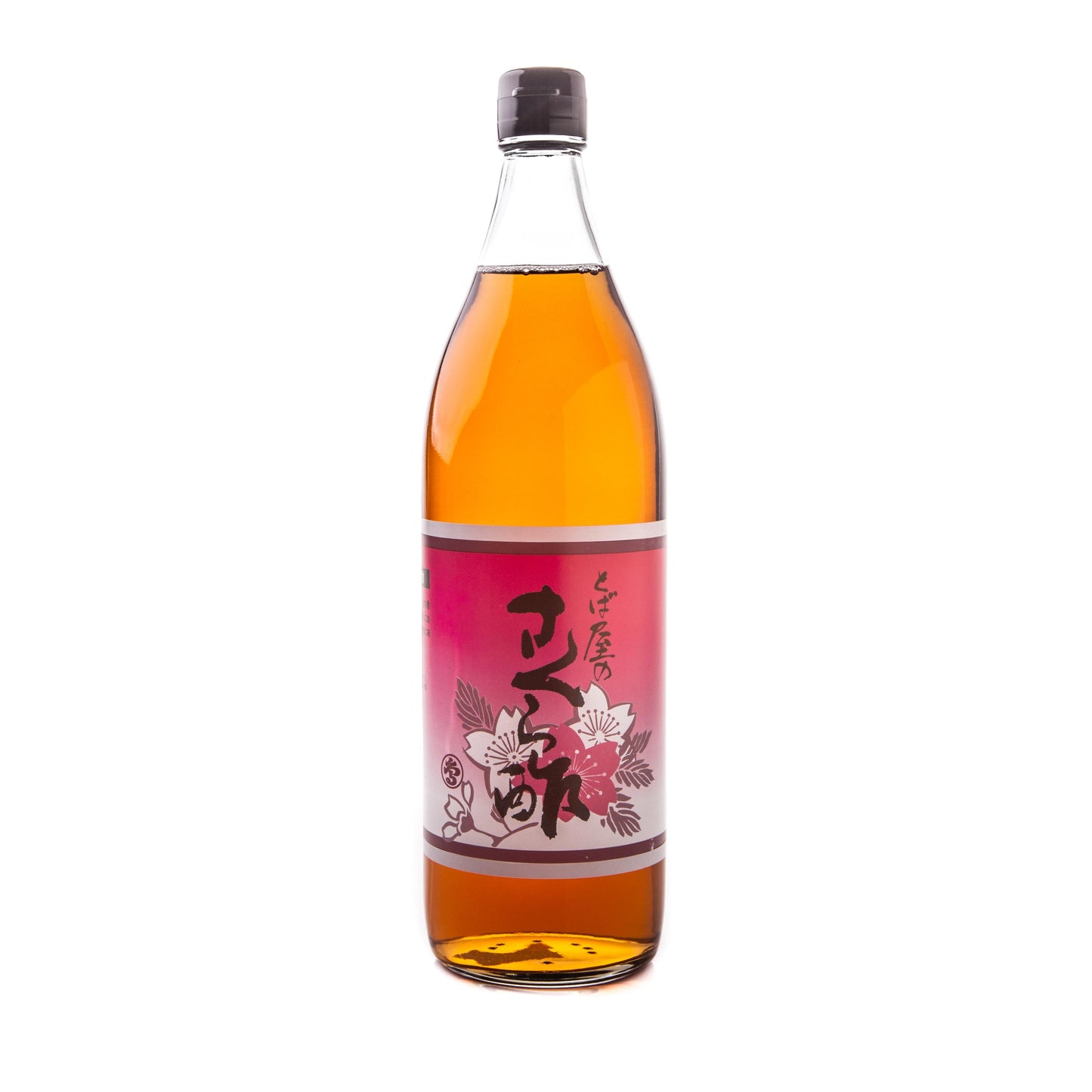 A clear plastic bottle of Sakura Rice Vinegar with Cherry Blossom, containing amber liquid, has a pink label with Japanese text and cherry blossom graphics, and is sealed with a brown cap.
