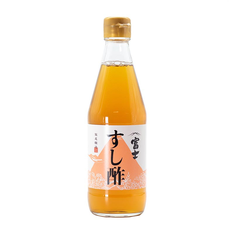 Fuji Sushisu Rice Vinegar for Sushi (360ml) comes in a clear bottle with a white label displaying Japanese text and Mount Fuji, filled with light amber vinegar ideal for adding umami flavor to your dishes.