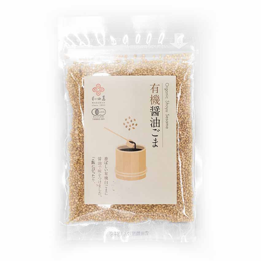 A clear plastic bag of Wadaman Furikake Shoyu Sesame 30g with a beige label showing Japanese text and an illustration of a wooden container with a ladle.
