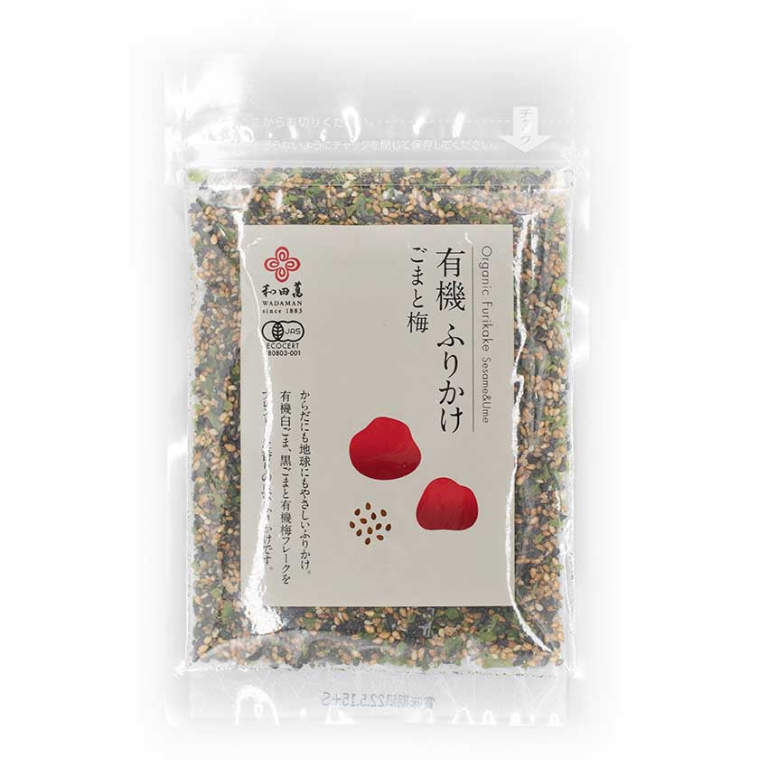 A clear plastic bag of Wadaman Furikake Sesame & Ume 30g with a beige label, red ume plum illustrations, Japanese text, and savory sesame seeds.
