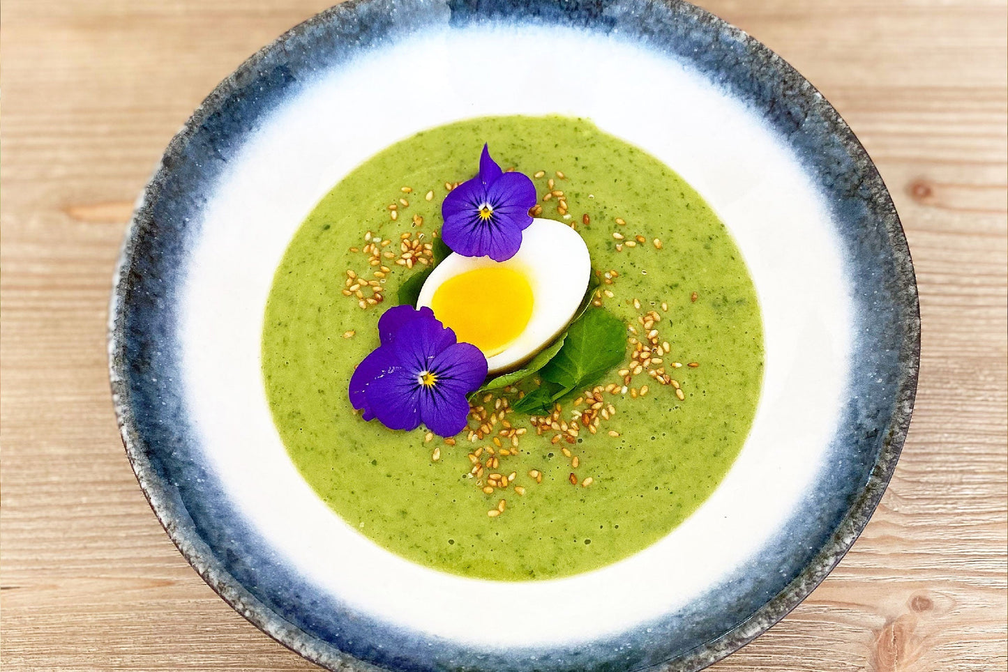 White Miso, Watercress & Avocado Soup with Sanbaizu Pickled Eggs