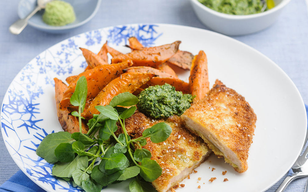 Panko Breadcrumb Crusted Chicken with Watercress & Wasabi Pesto Dip served with Sweet Potato Fries