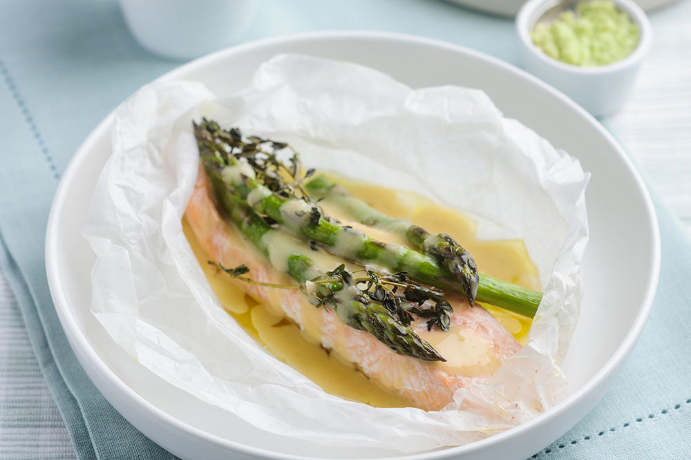 Salmon & British Asparagus en Papillote with Wasabi Beurre Blanc