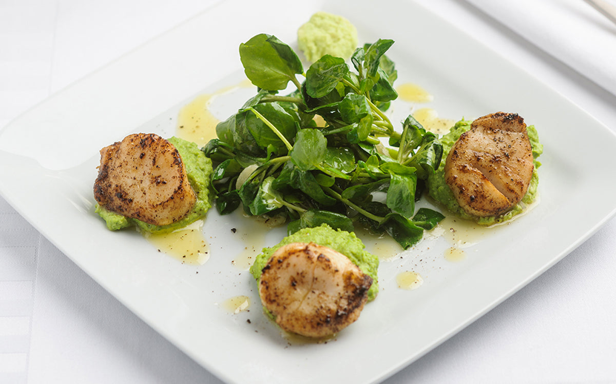 Seared Scallops with Wasabi Pea Puree & Wilted Watercress and Spinach