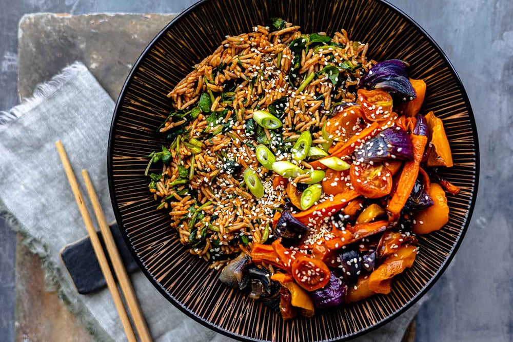 Vegan Smoked Soy Spicy Rice Bowl with Watercress & Roast Vegetables Recipe