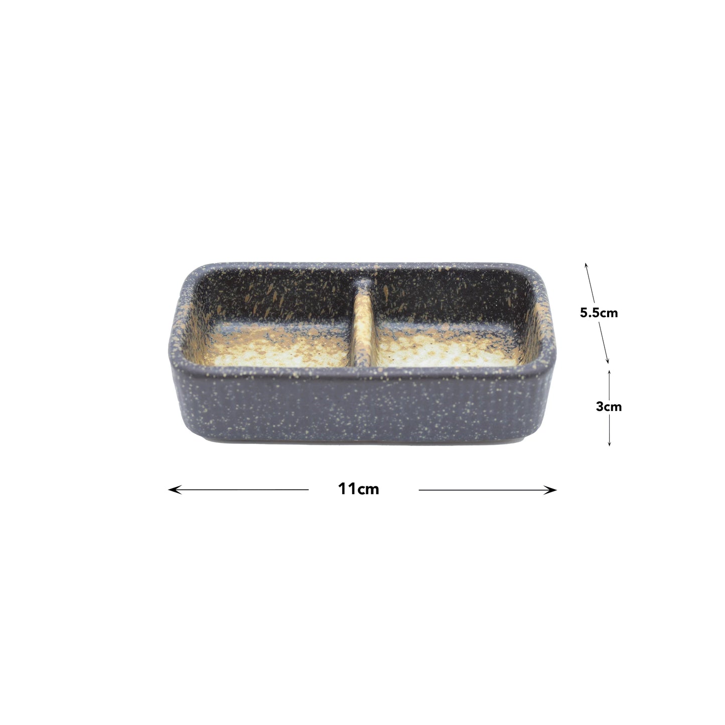 The Dual Compartment Seasoning Dish features a rectangular, speckled design with two sections and labeled dimensions of 11 cm width, 5.5 cm depth, and 3 cm height—a perfect addition to any tableware collection.