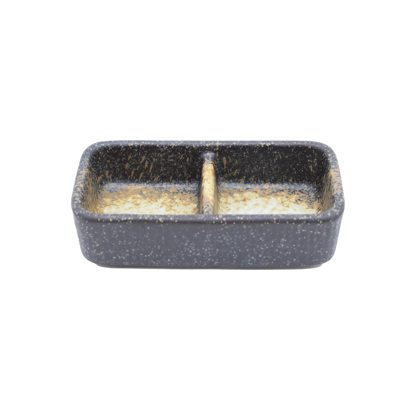 The Dual Compartment Seasoning Dish features a rectangular ceramic design with a speckled pattern and central divider, ideal for any tableware collection. Displayed against a white backdrop.