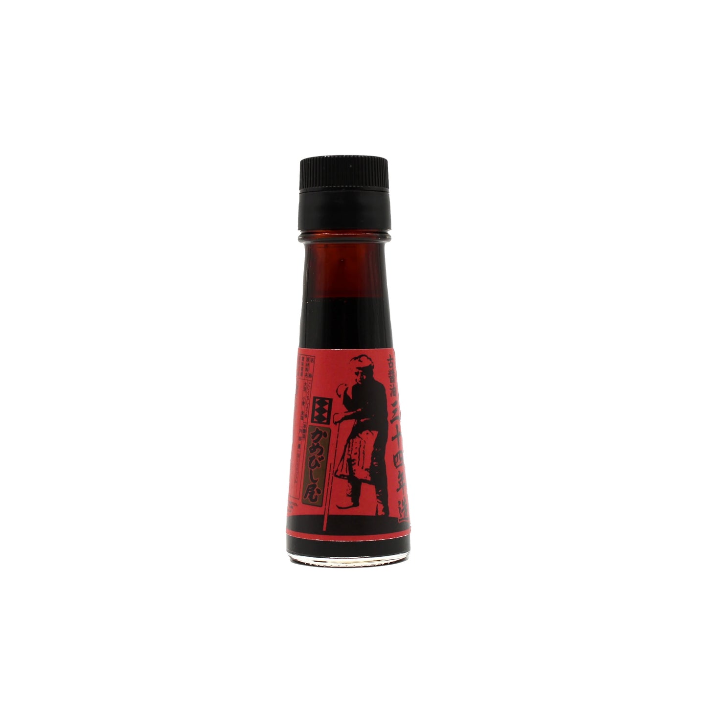 A 55ml glass bottle of 34 Year Aged Soy Sauce, with a red label featuring Japanese text and an illustration, contains a rich umami dark liquid and is sealed with a black cap.