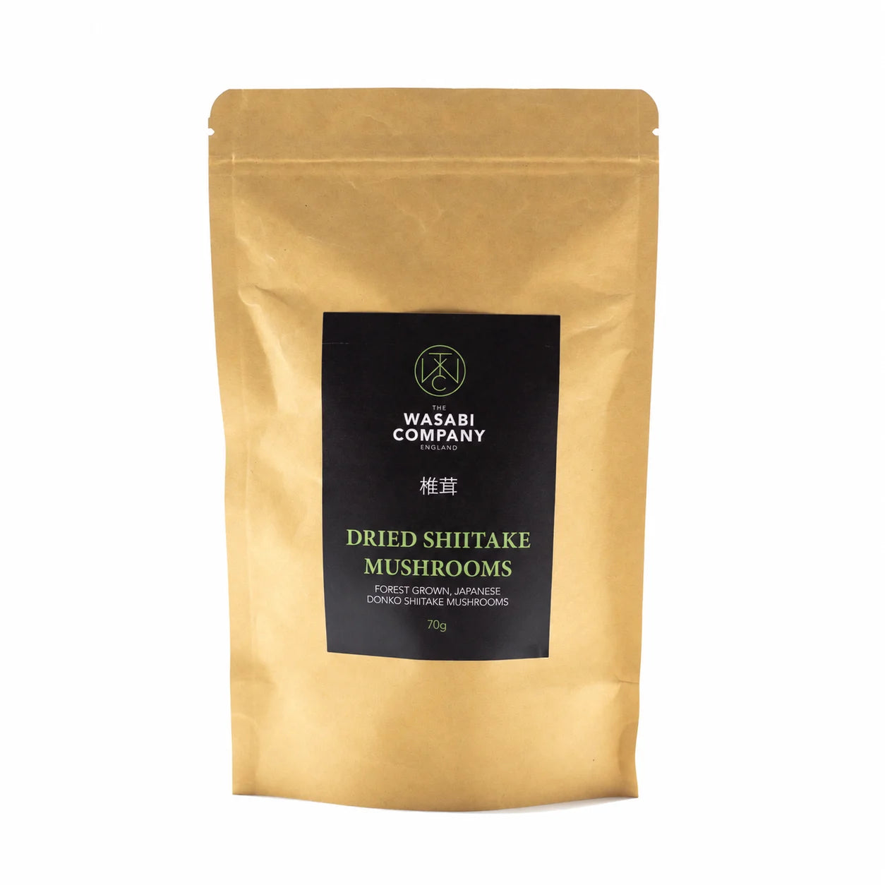 
                  
                    A brown stand-up pouch of Wasabi Label Forest Grown Dried Donko Shiitake Mushrooms - 70g with a black label.
                  
                