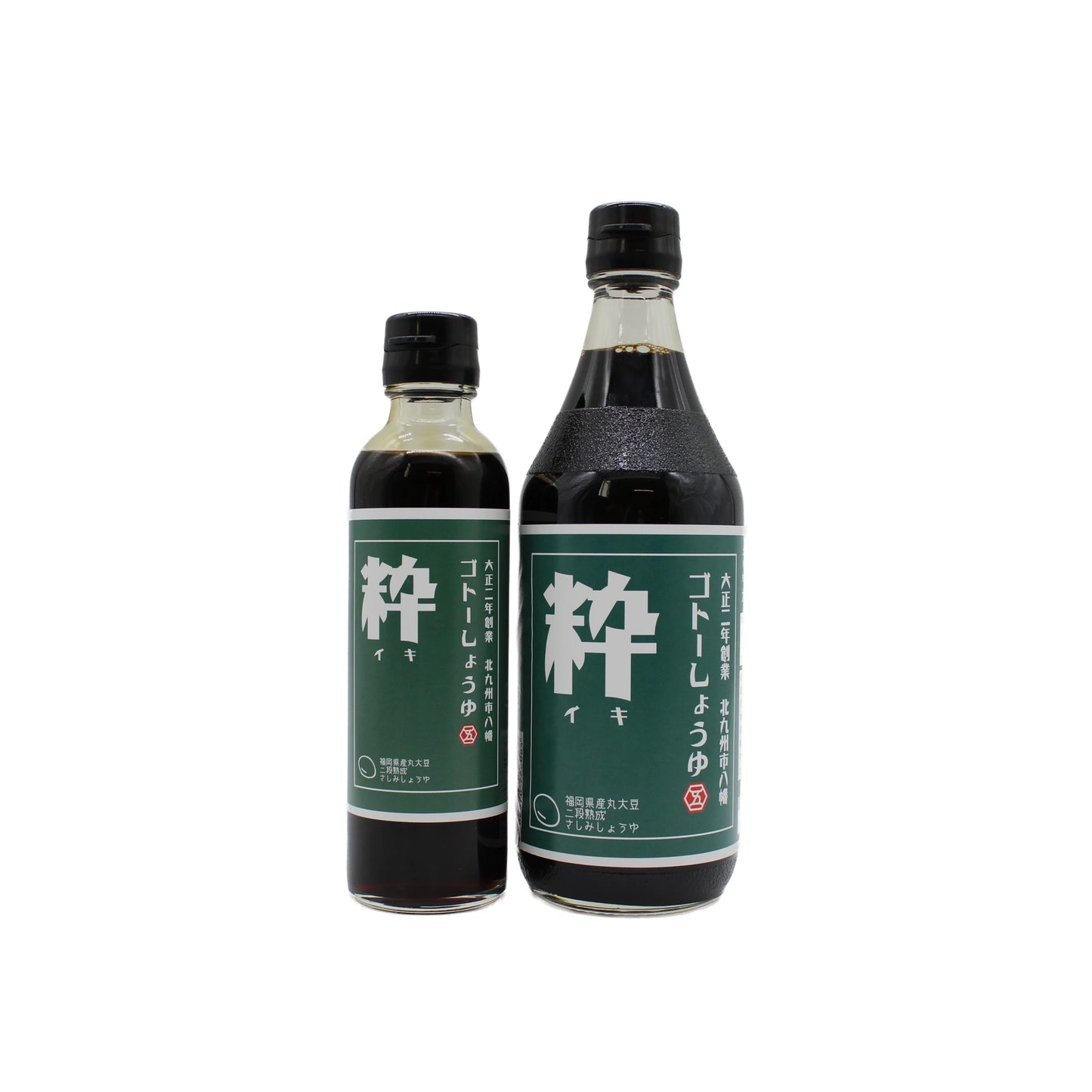 
                  
                    Two bottles of IKI Sweet Soy Sauce, one smaller and one larger, with green labels and black caps, stand upright against a white background, offering rich umami depth.
                  
                