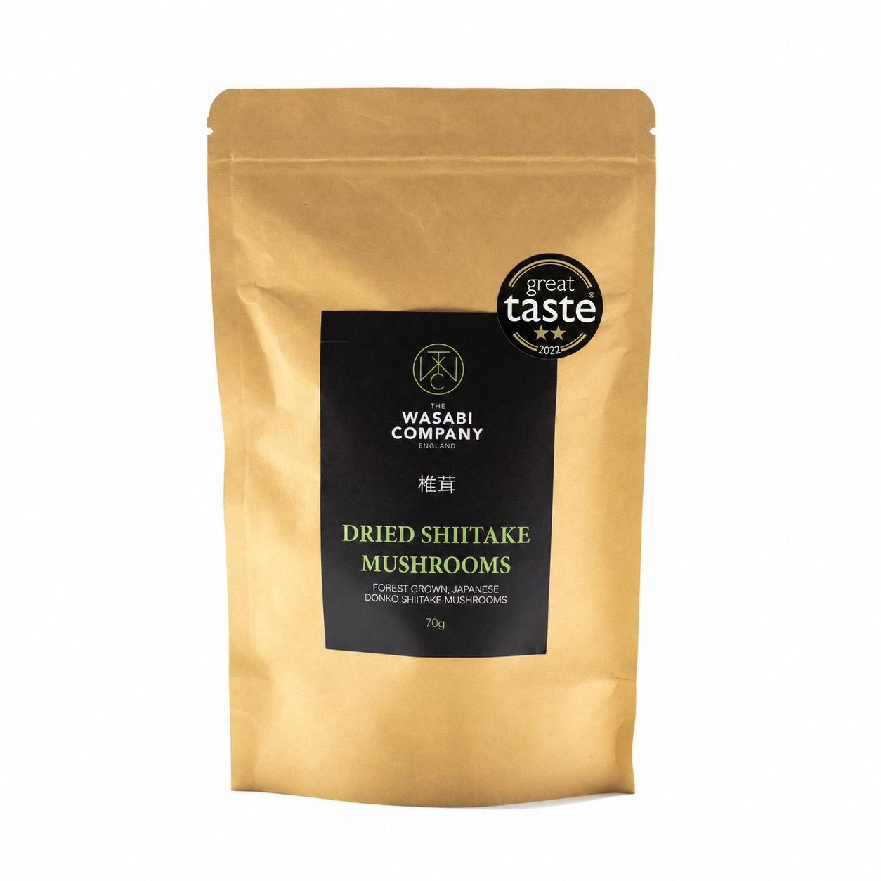 
                  
                    A pouch of Wasabi Label Forest Grown Dried Donko Shiitake Mushrooms featuring a Great Taste award sticker.
                  
                