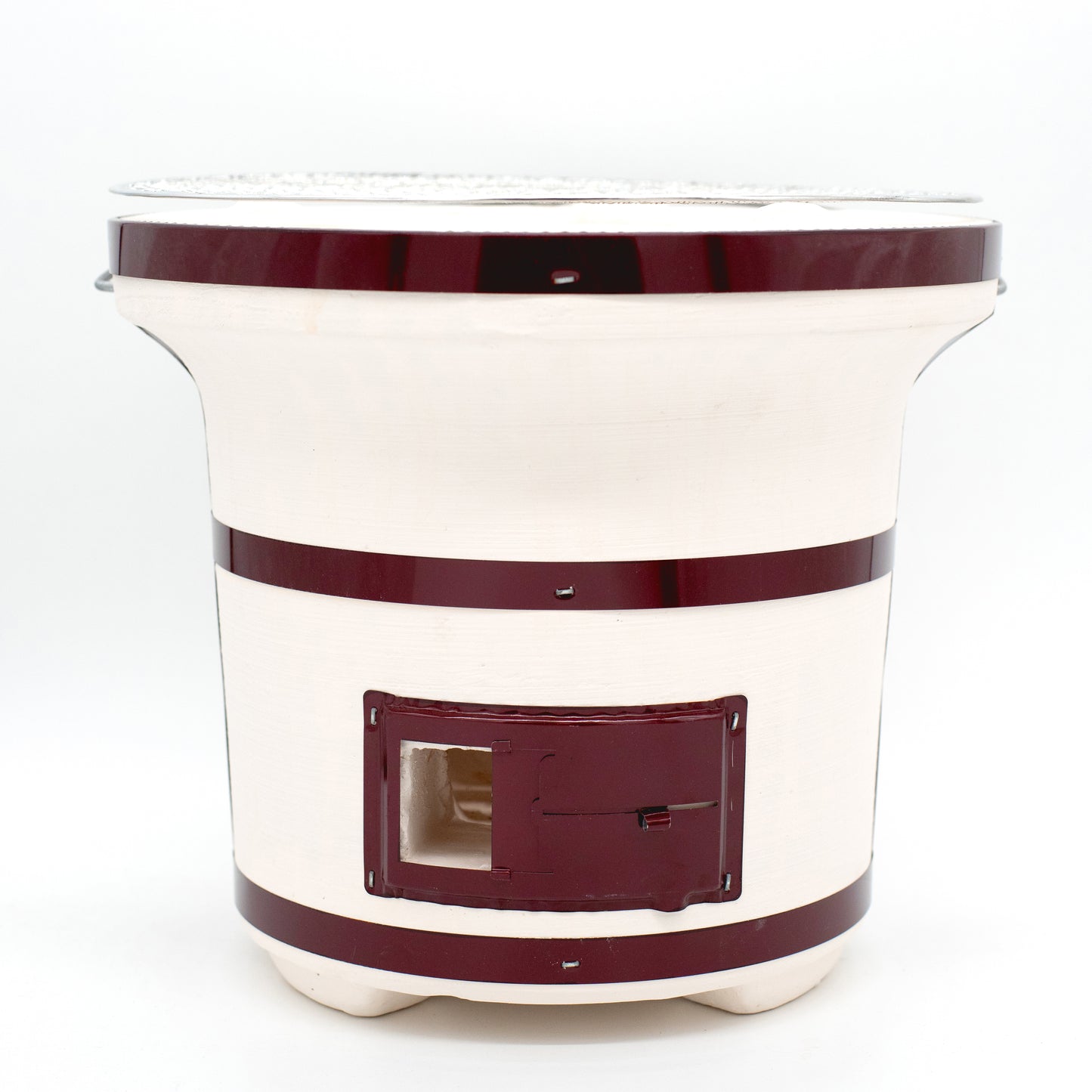 The Shichirin Table Barbecue Set, in white and maroon, includes a metal grate top and a small rectangular front door—perfect for grilling with Binchotan charcoal at your next barbecue.