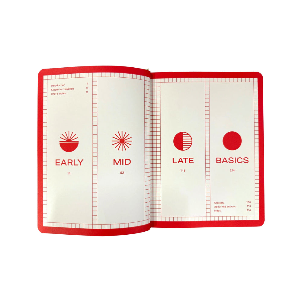 An open book, "A Day in Tokyo" by Brendan Liew & Caryn Ng, displays a contents page with four sections—Early, Mid, Late, Basics—each with a red geometric icon and page numbers, offering an exploration of Japanese cuisine.