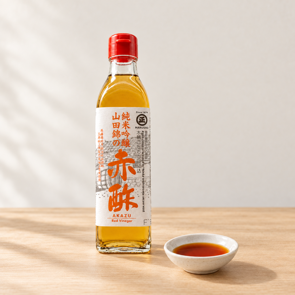 
                  
                    A glass bottle of Akazu Red Vinegar - 300ml with a red cap, standing next to a small dish containing a pour of the dark red liquid.
                  
                