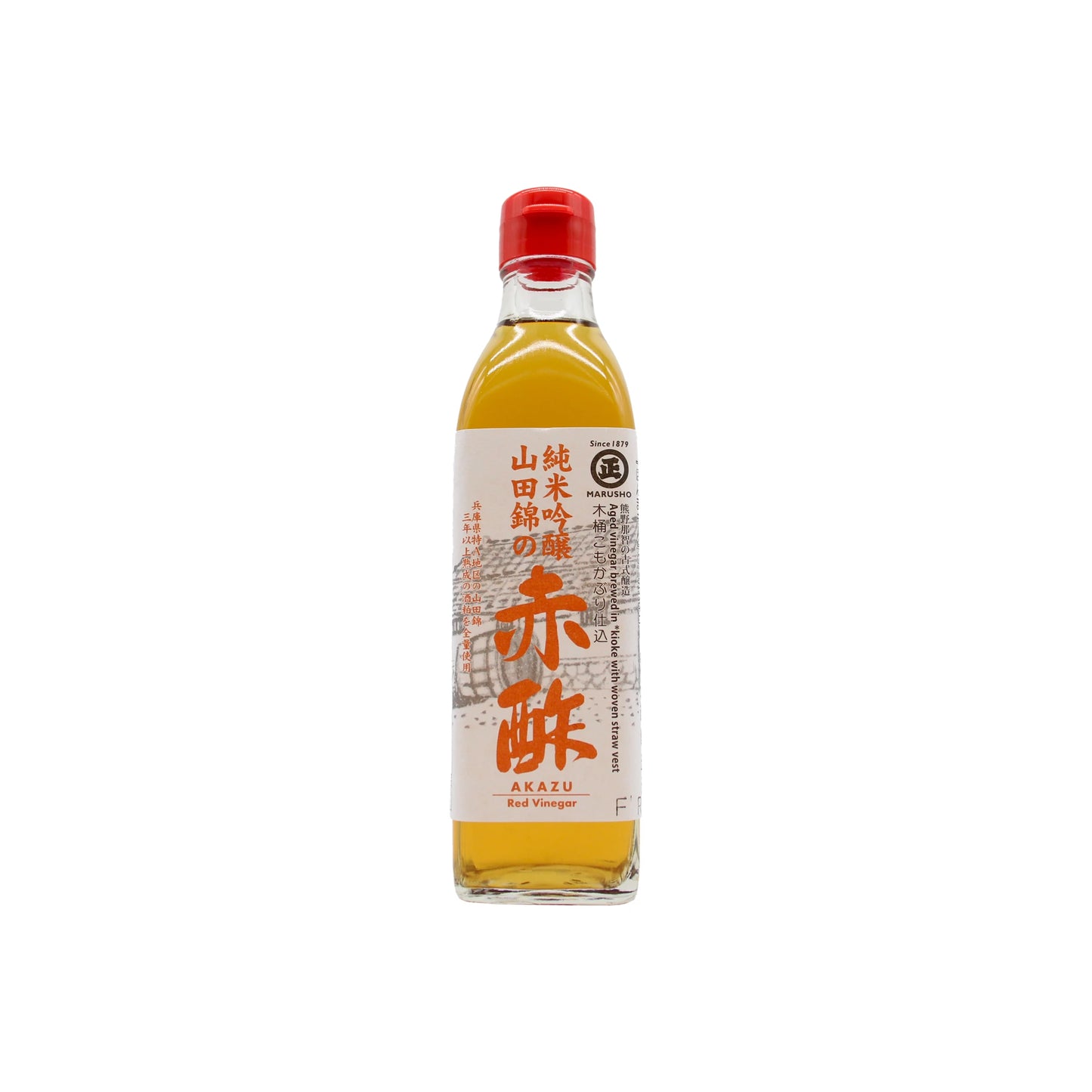 
                  
                    A clear glass bottle of Akazu Red Vinegar - 300ml with a red screw cap and a label featuring Japanese text and an illustration of a barrel.
                  
                