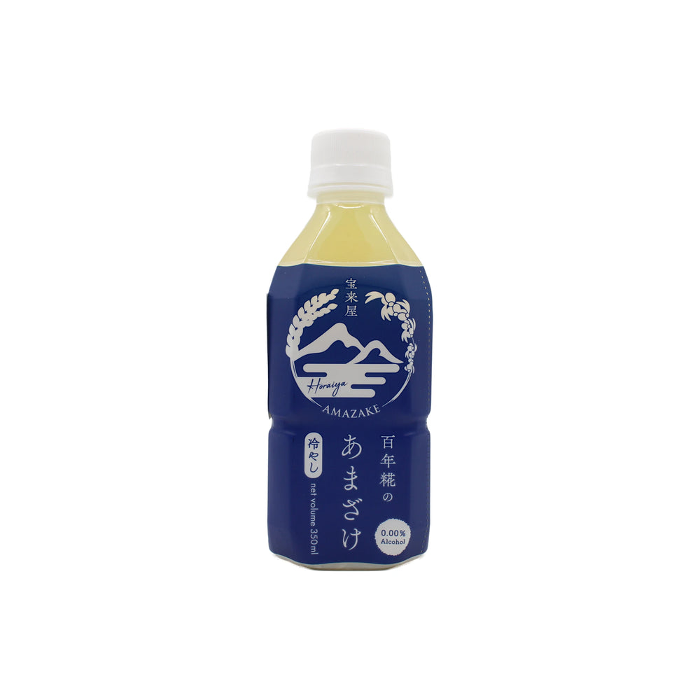 A 350ml bottle of Amazake, a traditional fermented rice drink, features a blue label with Japanese text and illustrations, a white cap, and is displayed against a plain white background.