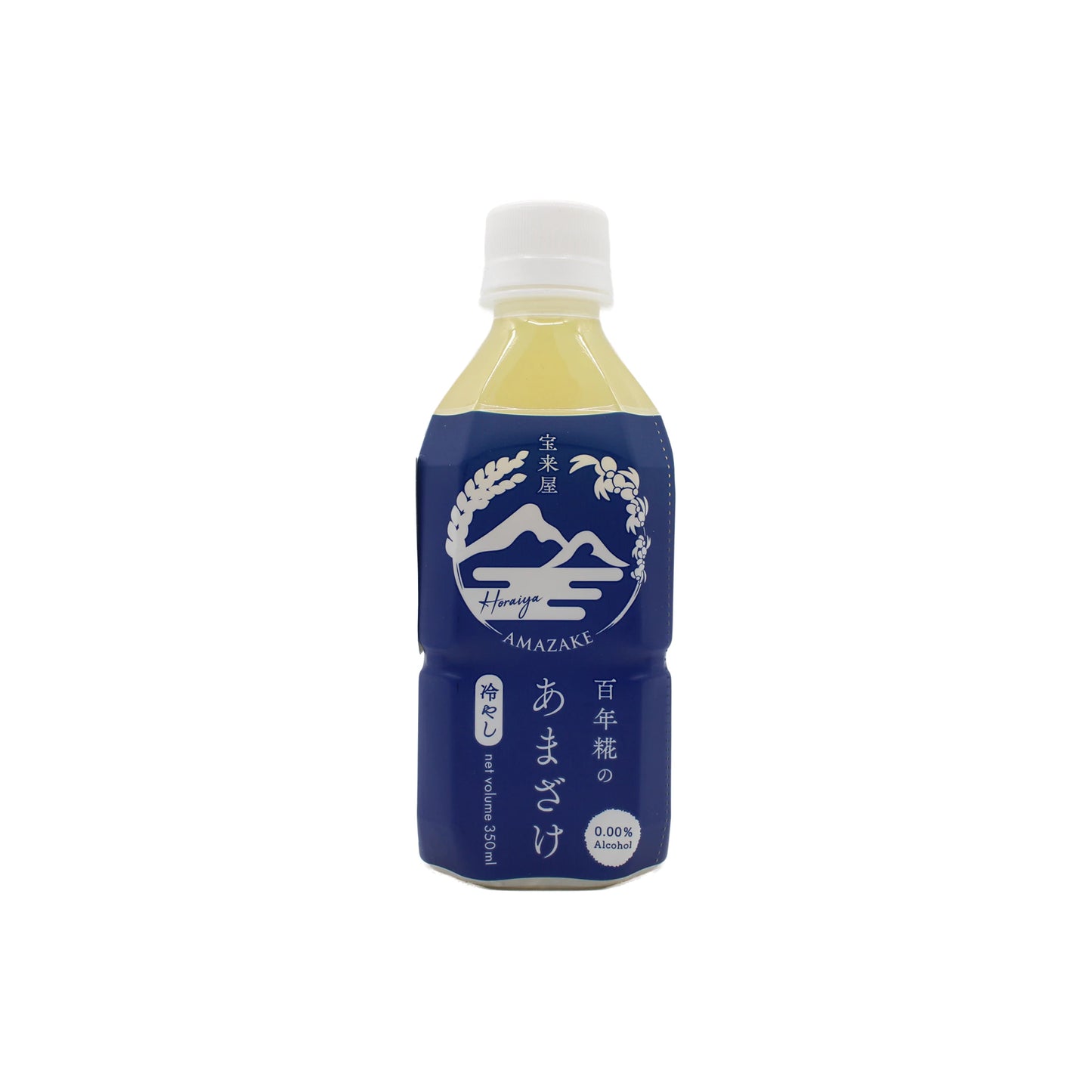 A 350ml bottle of Amazake, a traditional fermented rice drink, features a blue label with Japanese text and illustrations, a white cap, and is displayed against a plain white background.