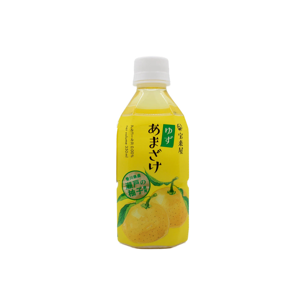 A 350ml plastic bottle of Yuzu Amazake non-alcoholic drink with yellow liquid and a label showing yuzu fruit, rice koji, and Japanese text.