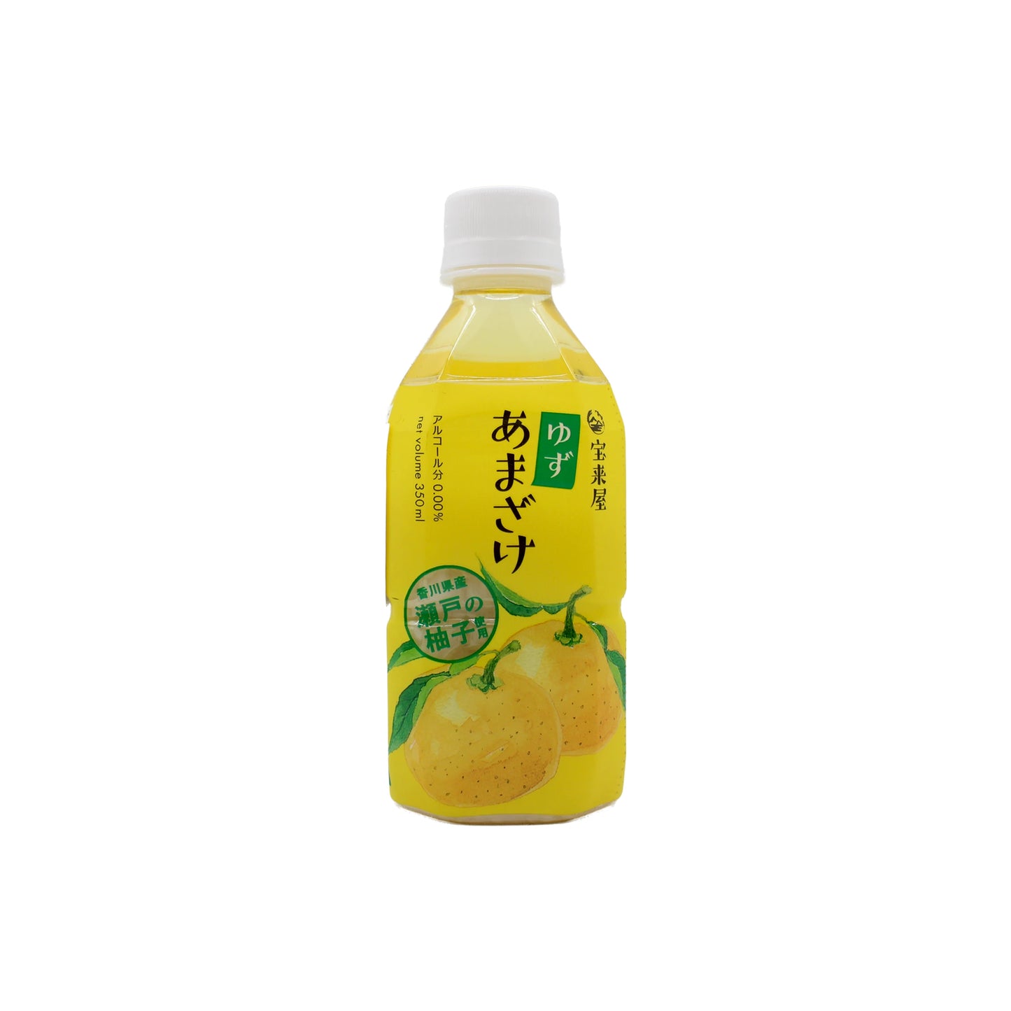 A 350ml plastic bottle of Yuzu Amazake non-alcoholic drink with yellow liquid and a label showing yuzu fruit, rice koji, and Japanese text.