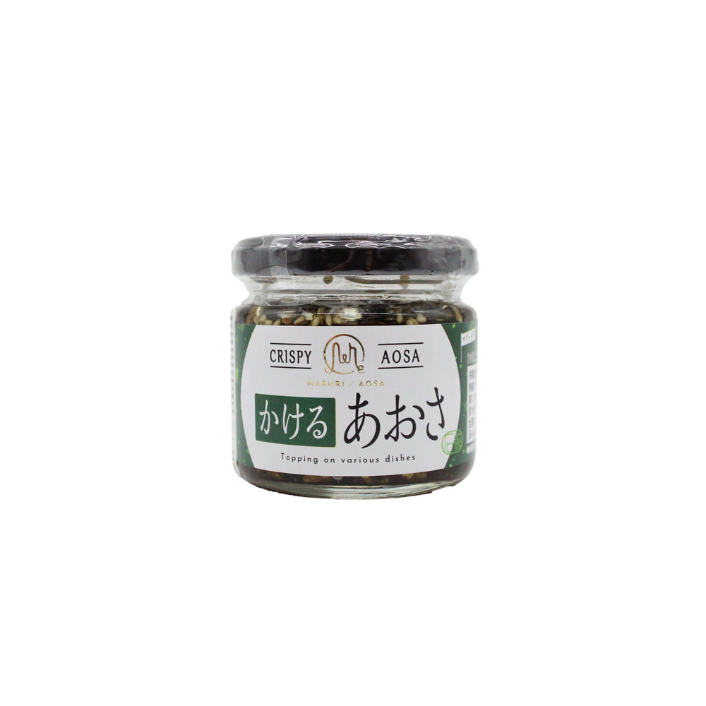 A 90g glass jar labeled Aosa Seaweed Crispy Condiment with green and white packaging contains toasted Aosa seaweed, a Japanese crispy topping. The label features Japanese text and suggests sprinkling on various dishes.