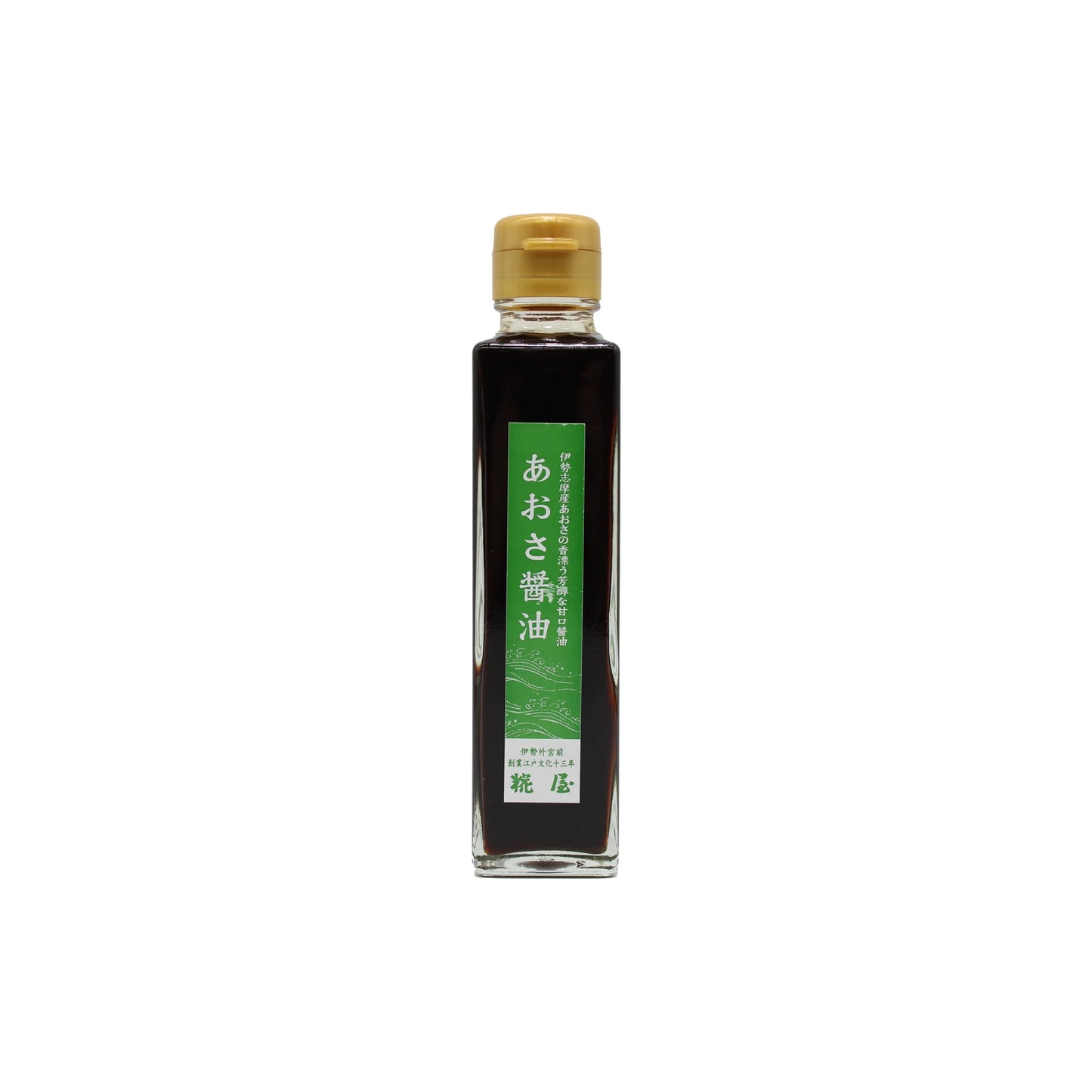 Aosa Seaweed Soy Sauce comes in a glass bottle with a gold cap, dark liquid inside, and a green Japanese label with white text on the front, delivering rich umami flavors.