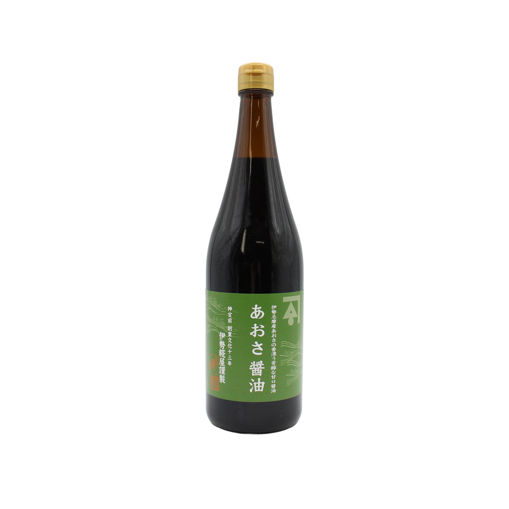 Aosa Seaweed Soy Sauce comes in a tall, dark glass bottle with a gold cap and green label with Japanese text, standing upright on a white background and promising rich umami flavor in every drop.