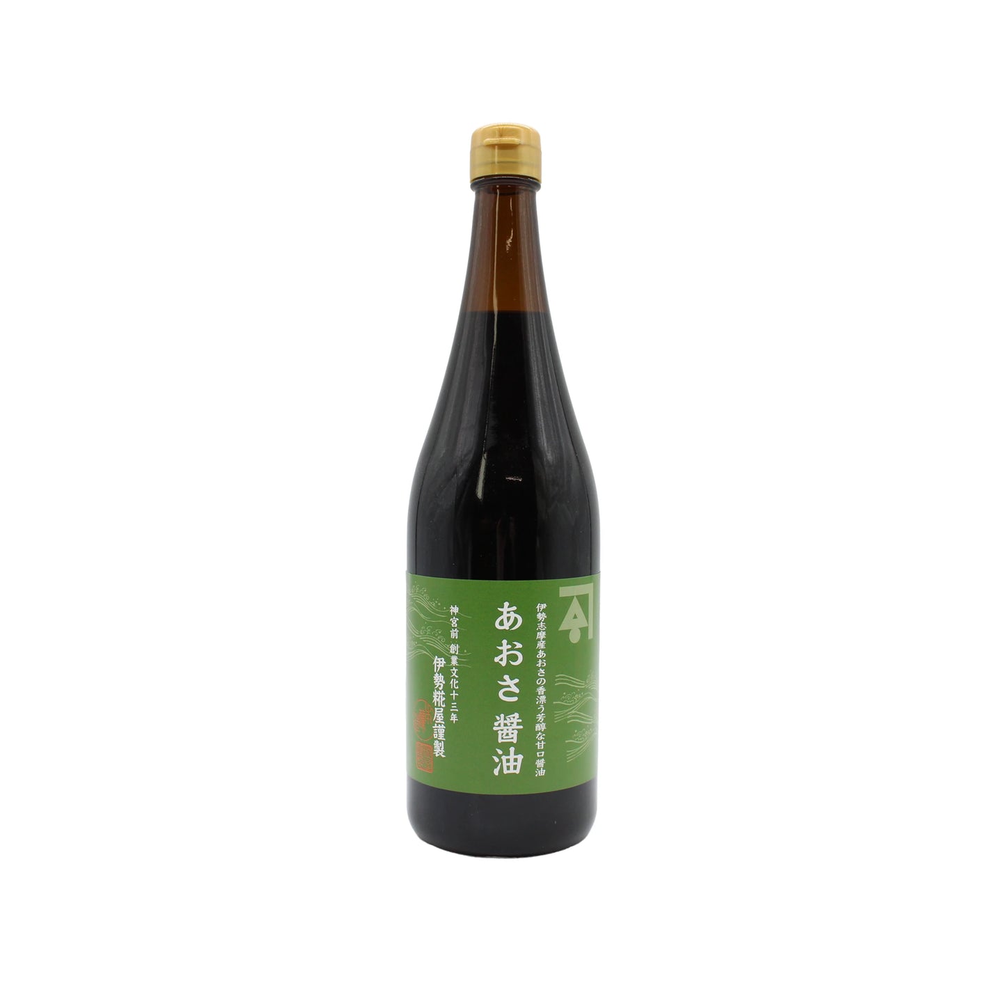 Aosa Seaweed Soy Sauce comes in a tall, dark glass bottle with a gold cap and green label with Japanese text, standing upright on a white background and promising rich umami flavor in every drop.