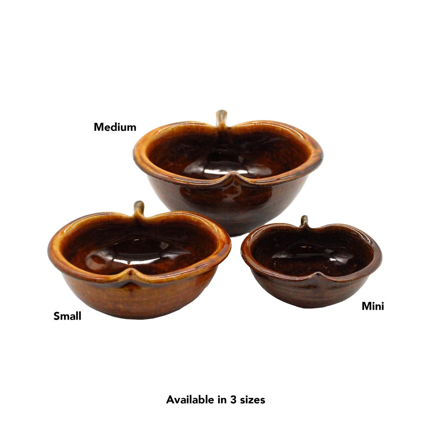Three brown Apple Bowls - Candy Glaze in Small, Medium, and Mini sizes are displayed against a white background, highlighting the elegance of Japanese pottery. Below them reads Available in 3 sizes.