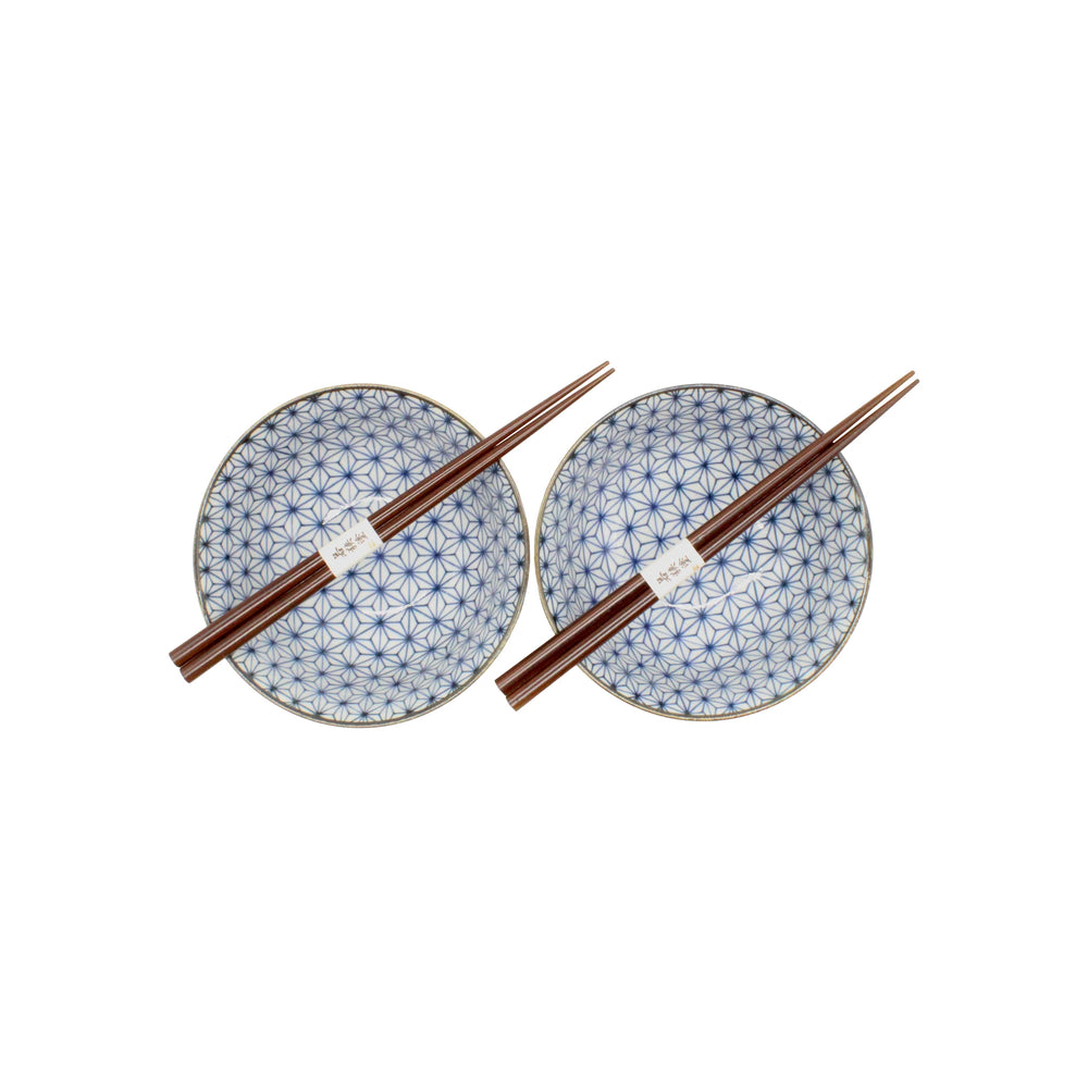 
                  
                    The Asanoha Bowls Gift Set - Blue & White includes two patterned ceramic Japanese bowls with geometric Asanoha designs, each accompanied by a set of wooden chopsticks resting diagonally across the bowls.
                  
                
