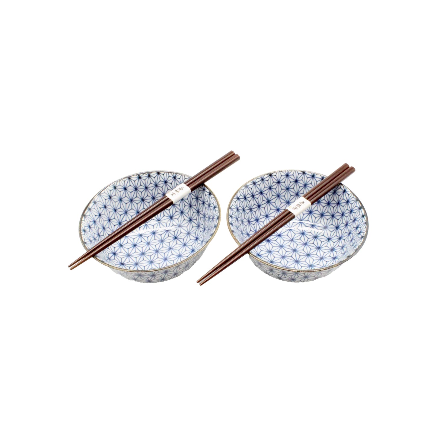 
                  
                    The Asanoha Bowls Gift Set - Blue & White includes two ceramic Japanese bowls with geometric patterns, each paired with a set of dark brown wooden chopsticks resting on top.
                  
                