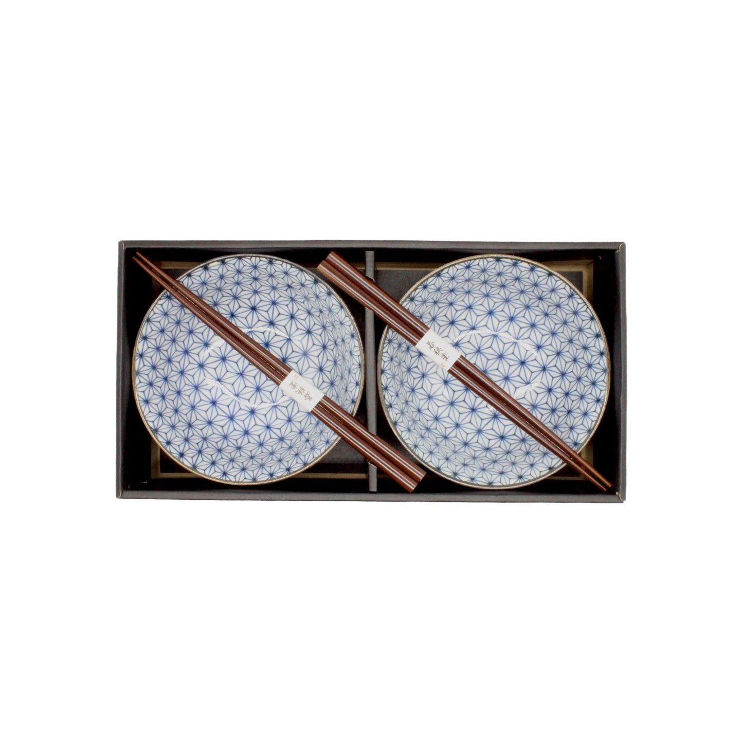 
                  
                    The Asanoha Bowls Gift Set - Blue & White features two wooden chopstick pairs and two blue Asanoha pattern Japanese ceramic bowls, beautifully presented in a black rectangular box.
                  
                